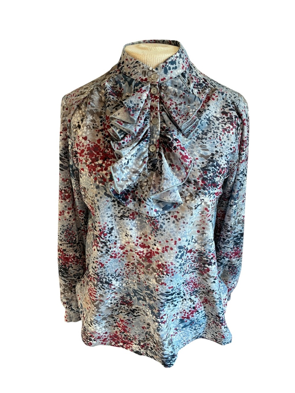 Vintage Ruffled Neck Blouse in Gray, Red, Black, Brown